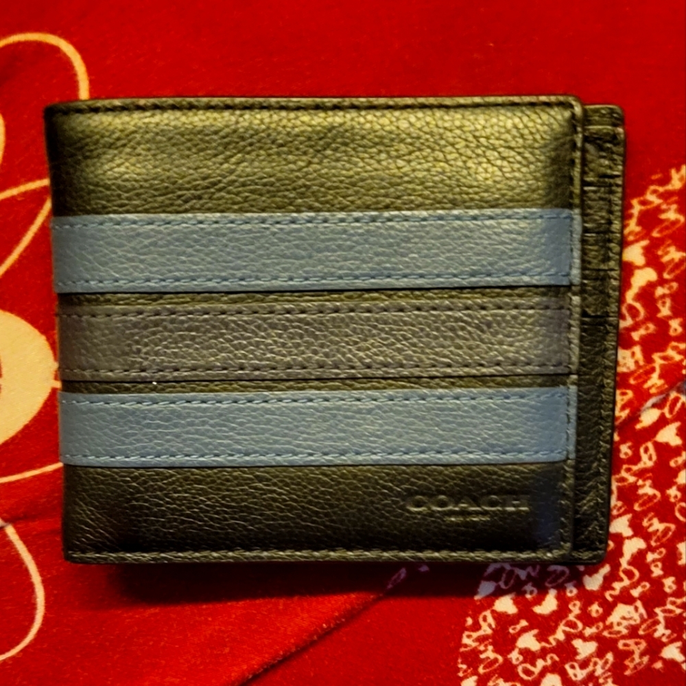 Coach bifold blue varsity stripe wallet